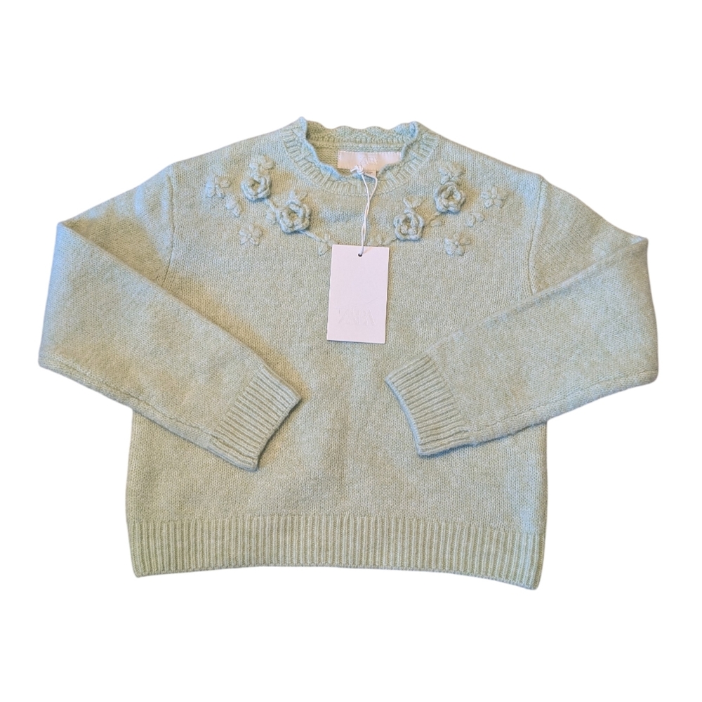 Zara Light Green Floral Embroidered Sweater